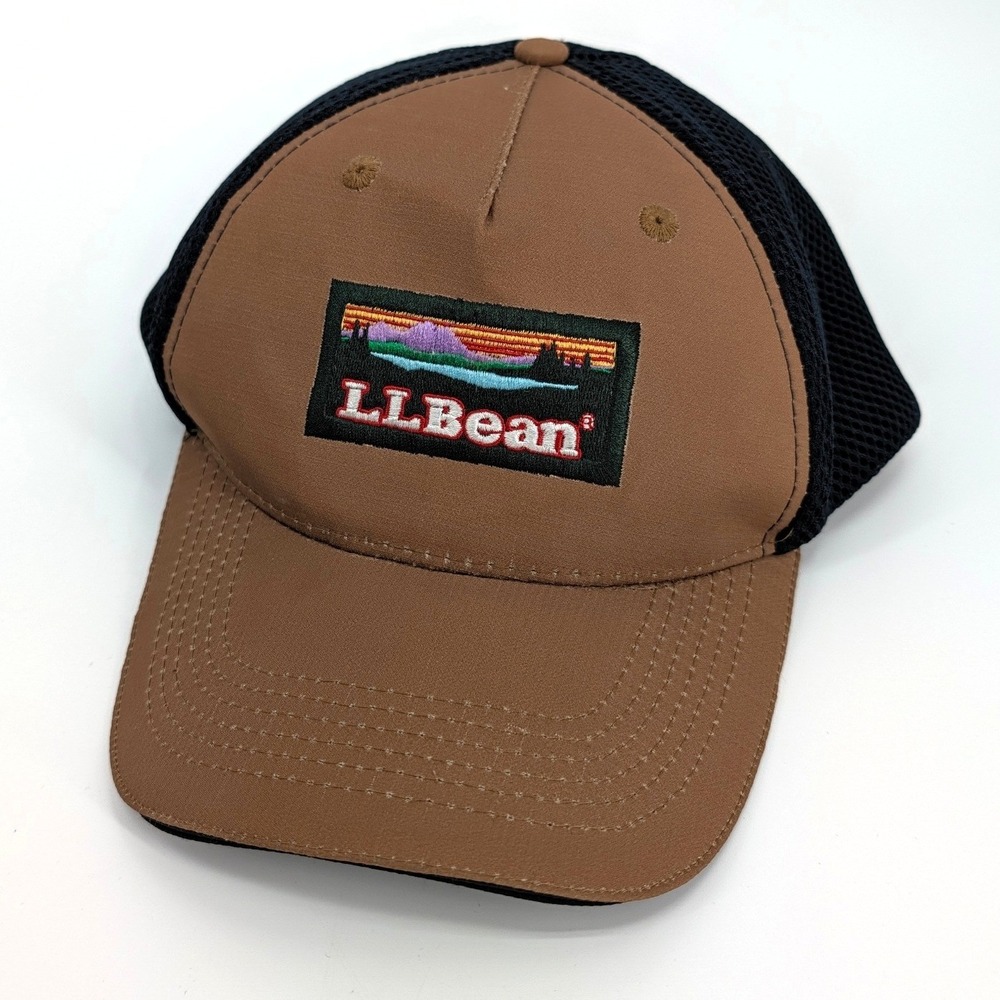 LL Bean Trucker Hat Katahdin Mountain Logo Patch Snapback Cap Brown Navy OSFA